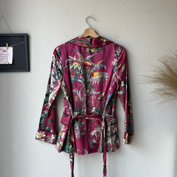 F.R.S For Restless Sleepers Burgundy Tropical‎ Floral Silk Kimono Jacket Size XS - Picture 6 of 9